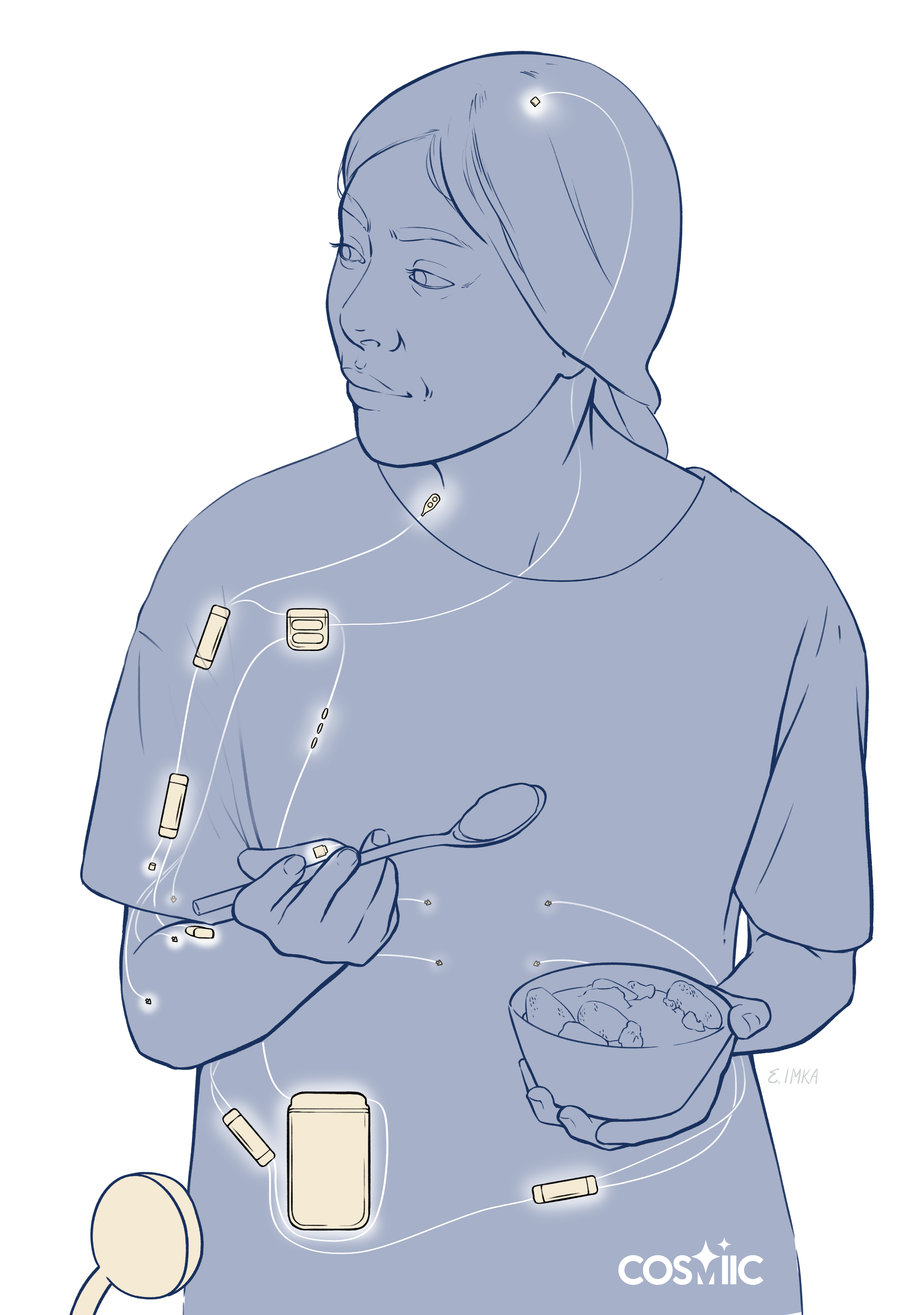 Illustration of a person eating with a spoon, with COSMIIC modules and network cable shown implanted through the arm and torso